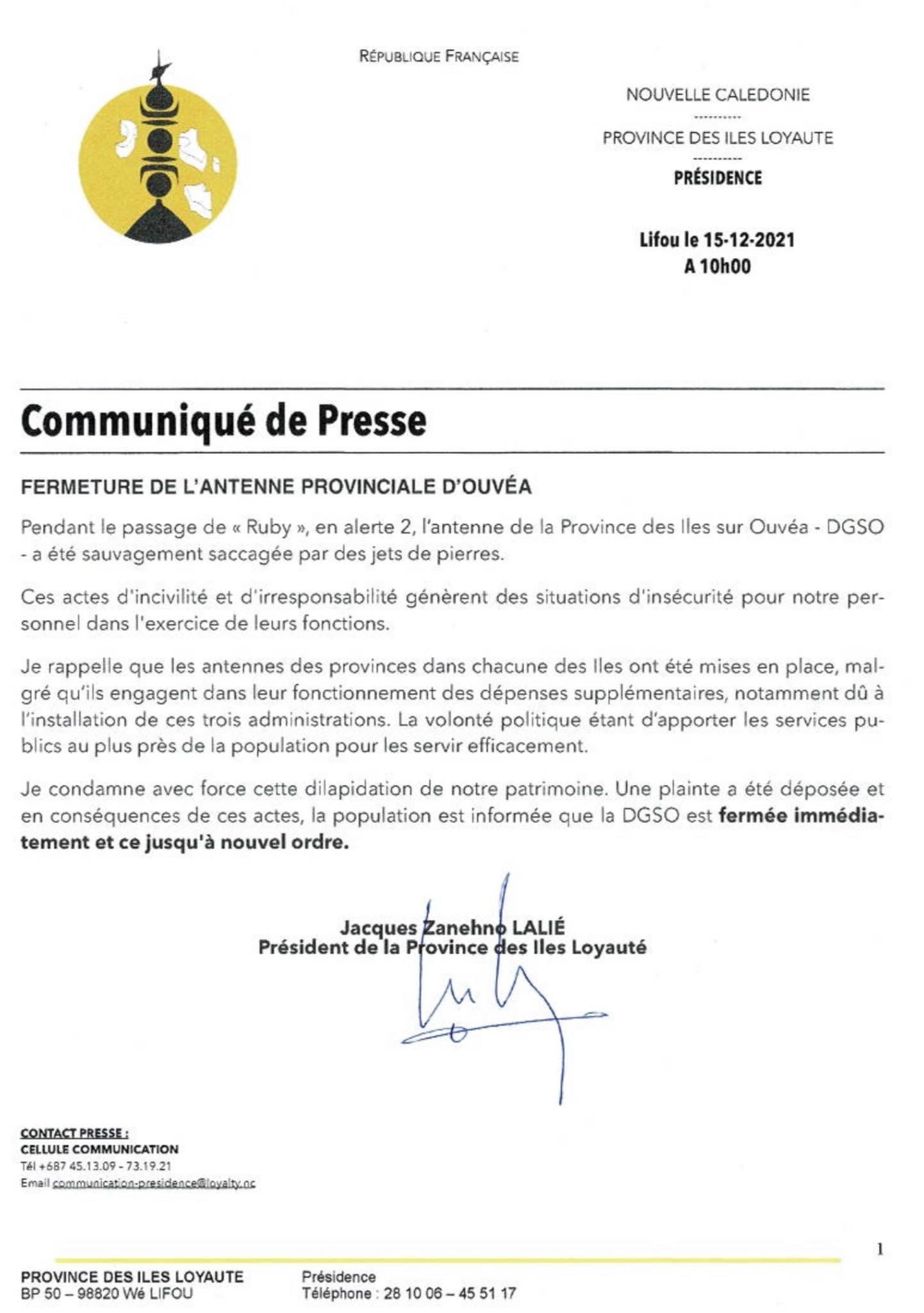 COMMUNIQUE PRESSE