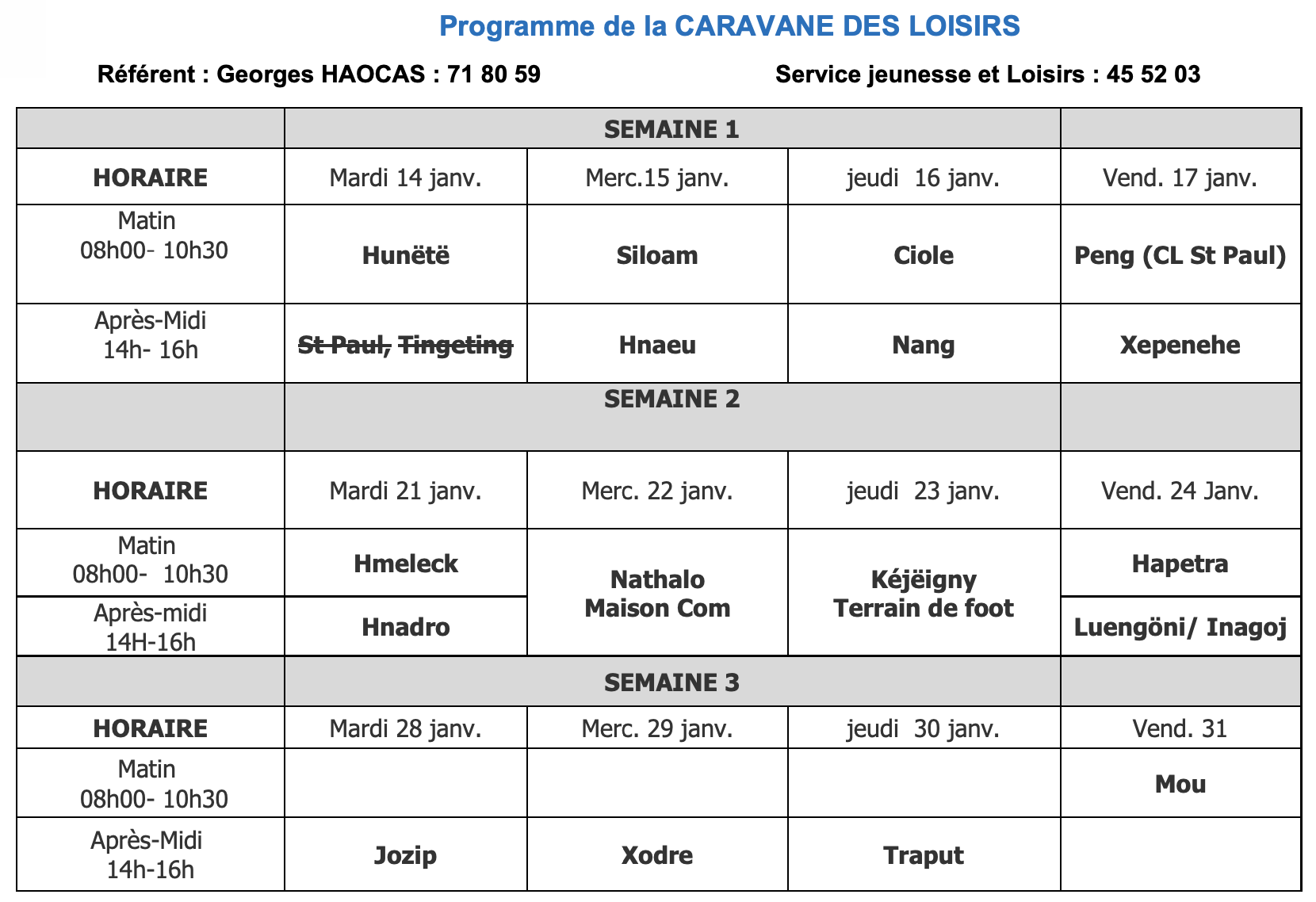 PLANNING DE PASSAGE DE LA CARAVANE