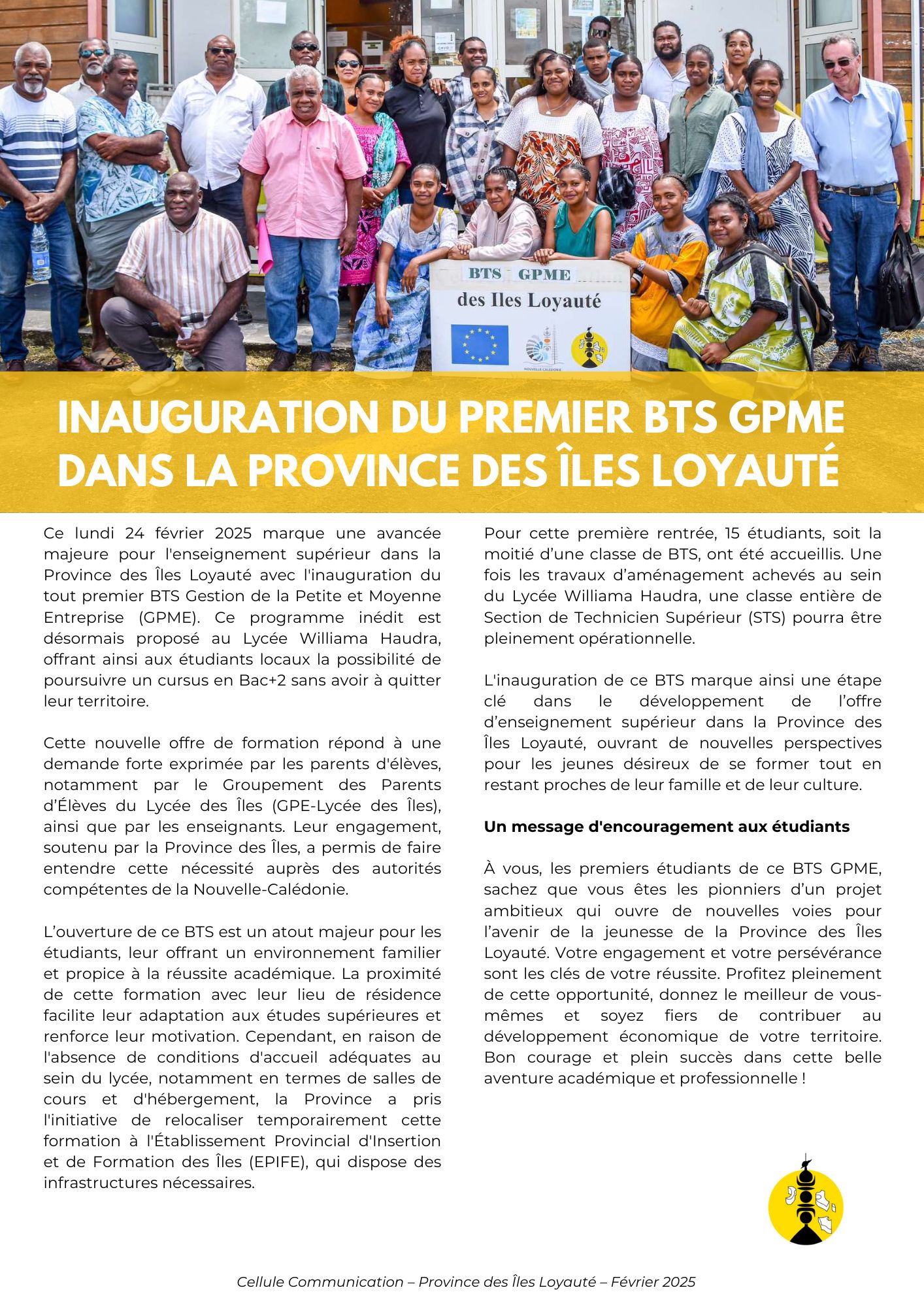 Inauguration du premier BTS GPME dans la Province des Îles Loyauté