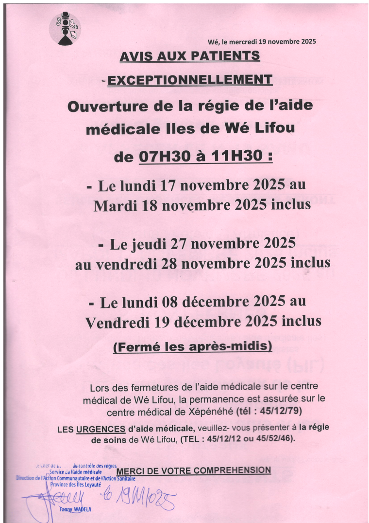 affiche horaire aide medical wé lifou